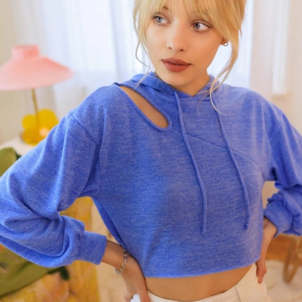 Blue Cut Out Cropped Hoodie